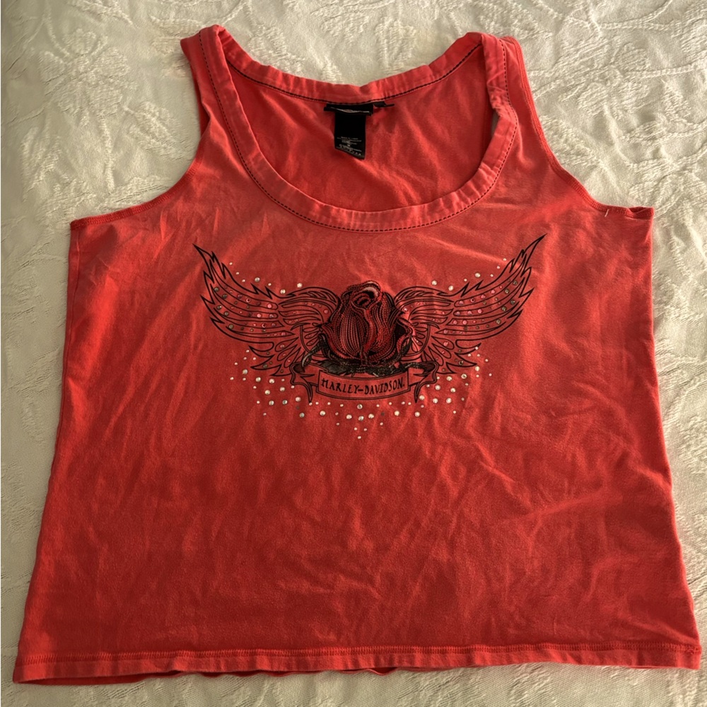 Harley Davidson Orange Sleeveless Tank Top Rose With Angel Wings Embellished 1X